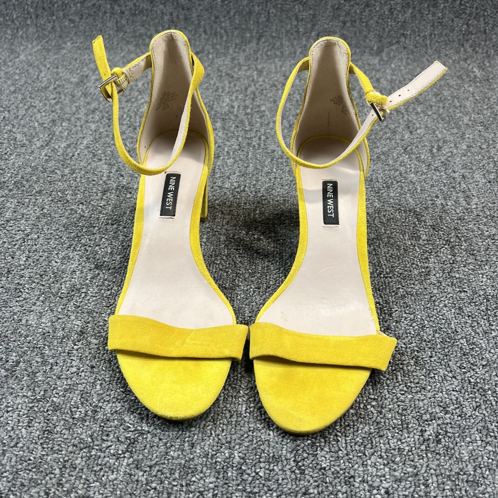 Nine West Pruce 8.5M Yellow Leather Block Heel Ankle Strap Sandal Minimalist Y2K
